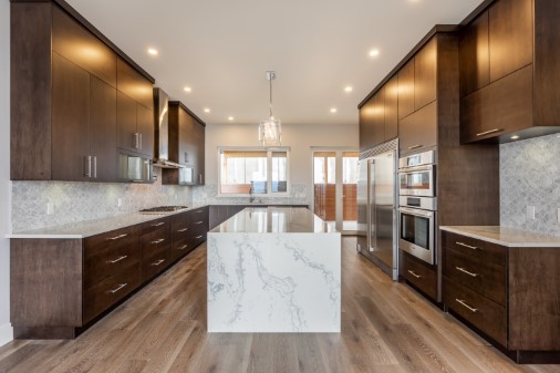 Kitchen with waterfall countertop